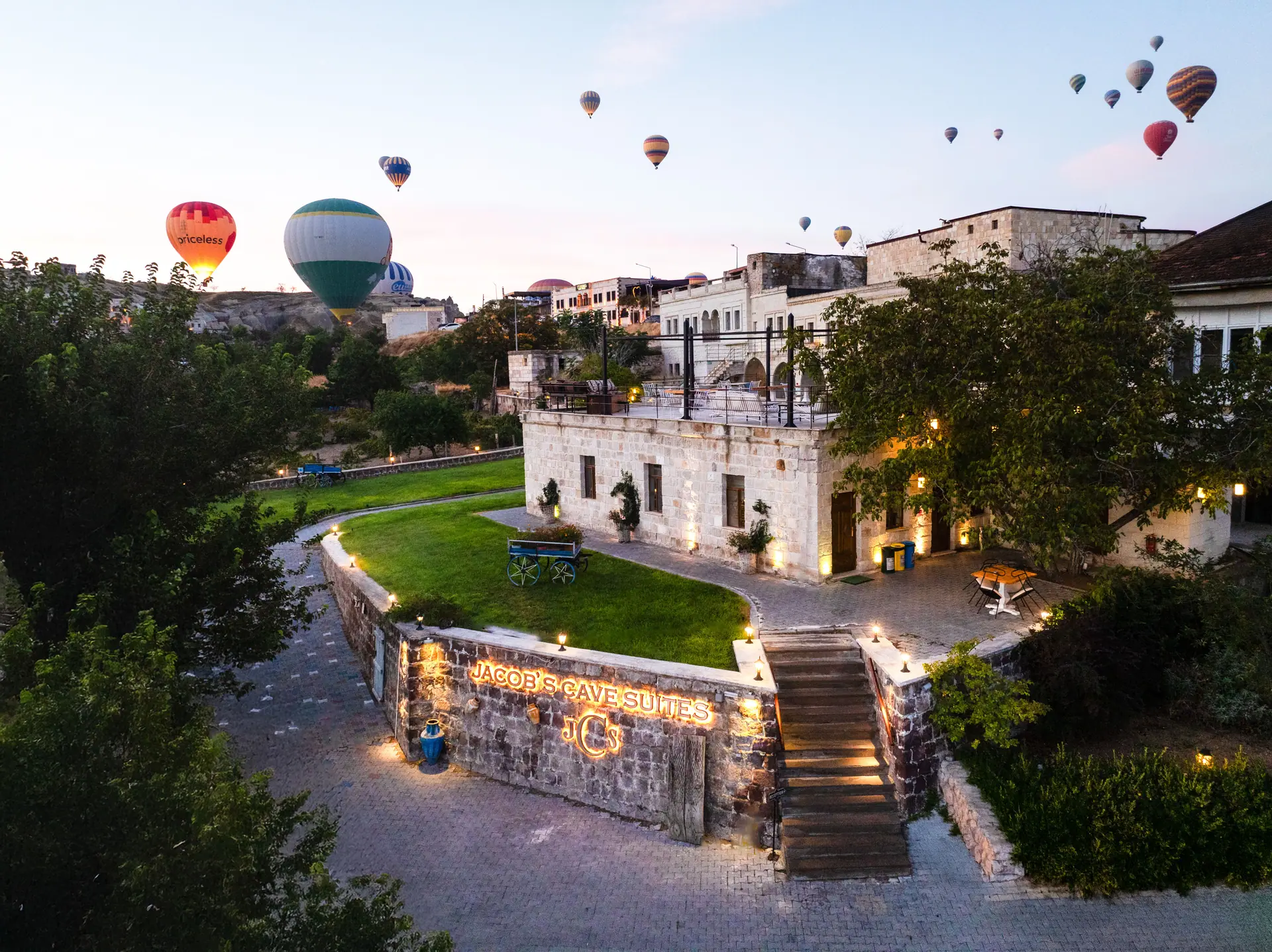 Aerial view of the hotel with hot air balloons