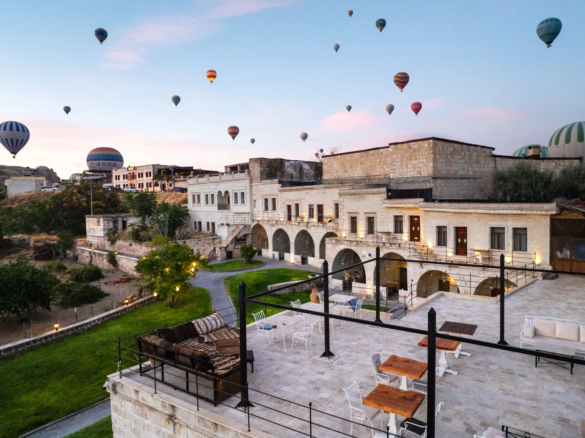 Hot air balloons over the hotel garden