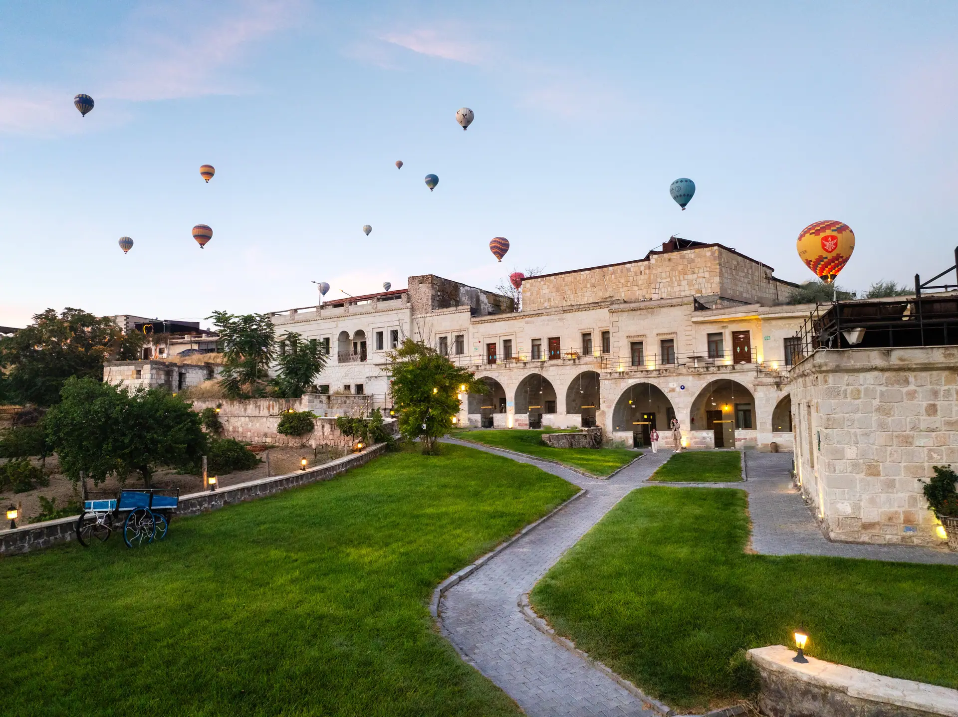 Hot air balloons over the hotel garden
