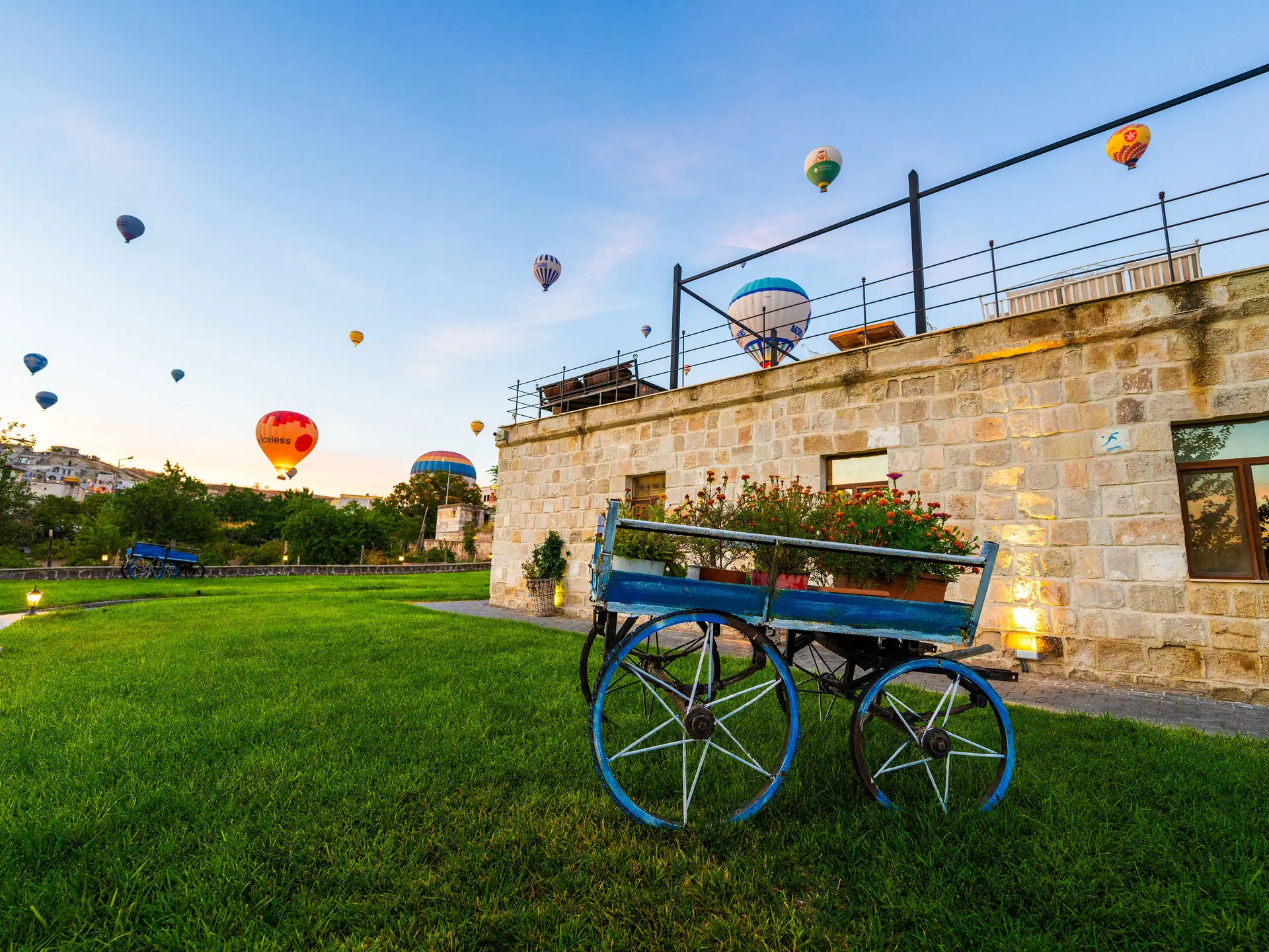 Hot air balloons over the hotel garden