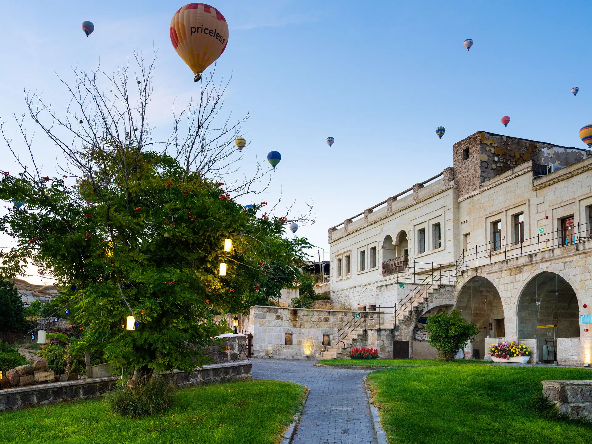 Hot air balloons over the hotel garden