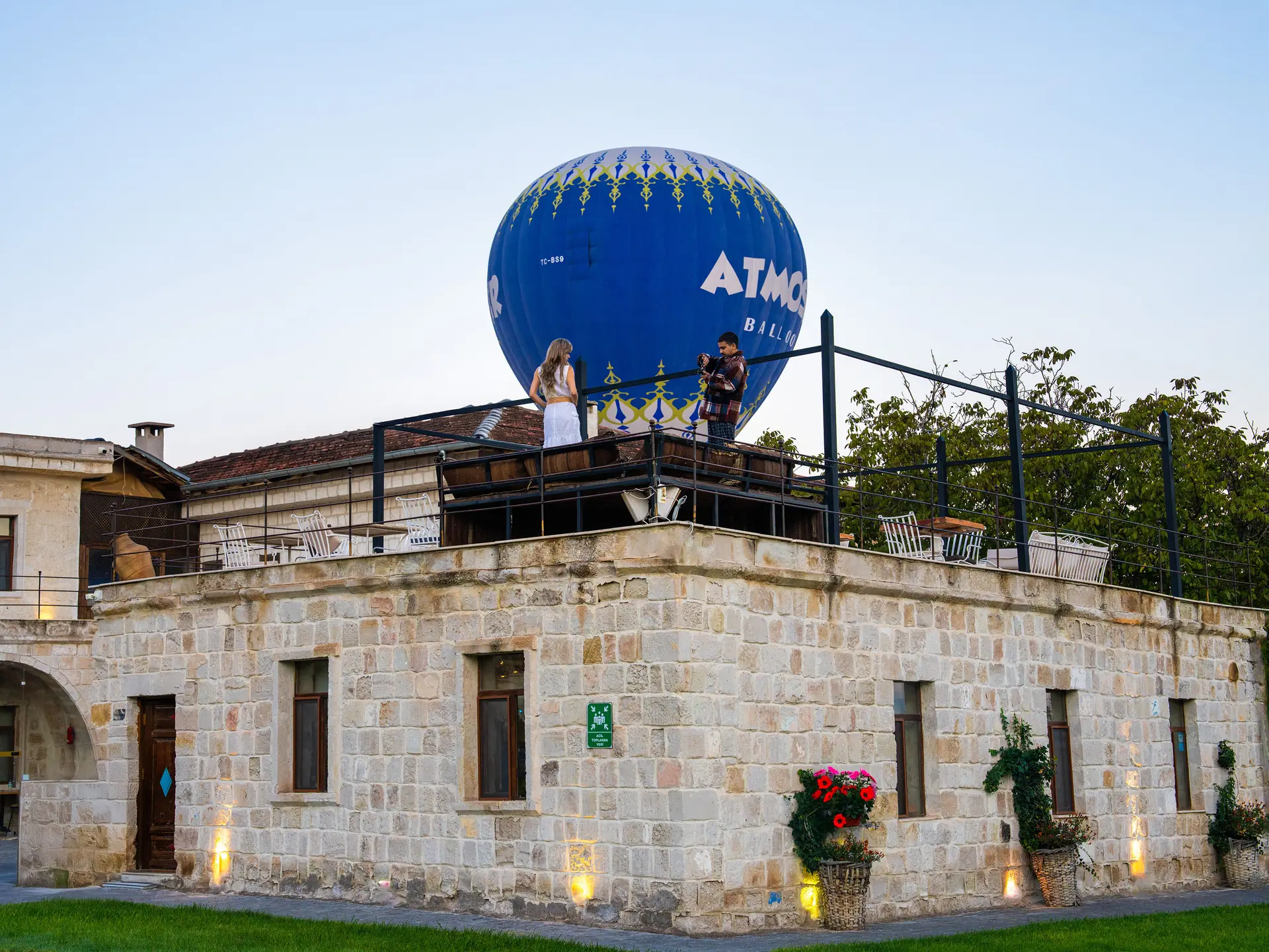 Hot air balloons over the hotel garden
