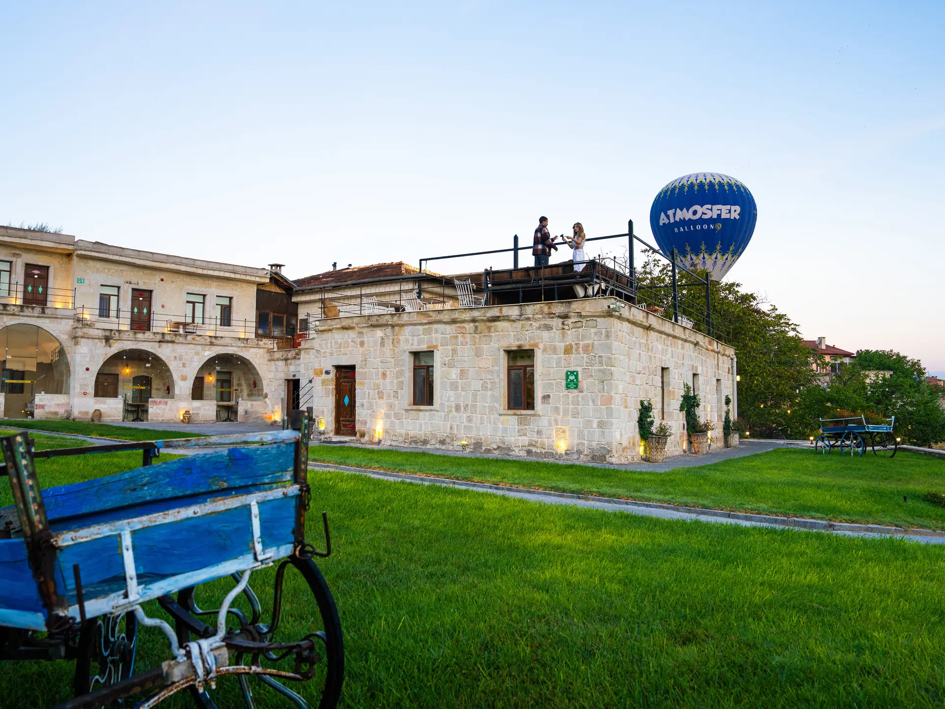Hot air balloons over the hotel garden