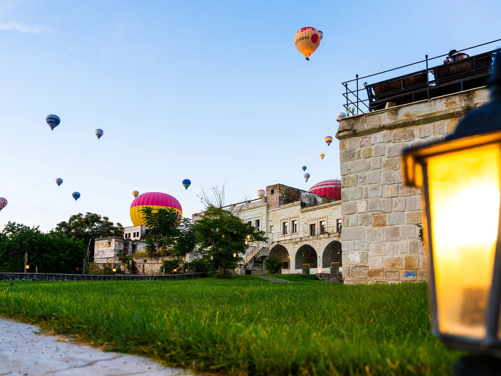 Hot air balloons over the hotel garden