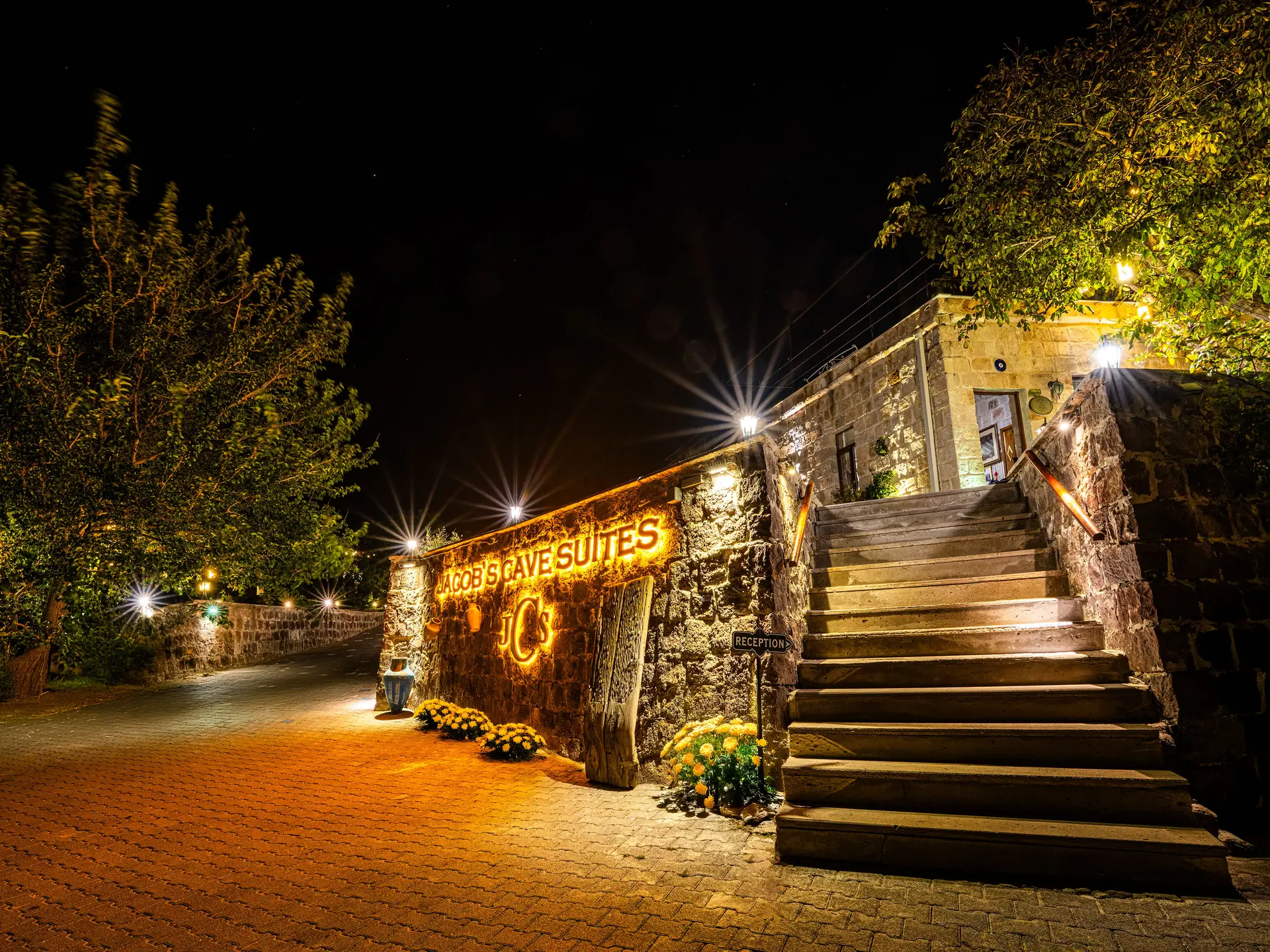 Hotel entrance lit at night